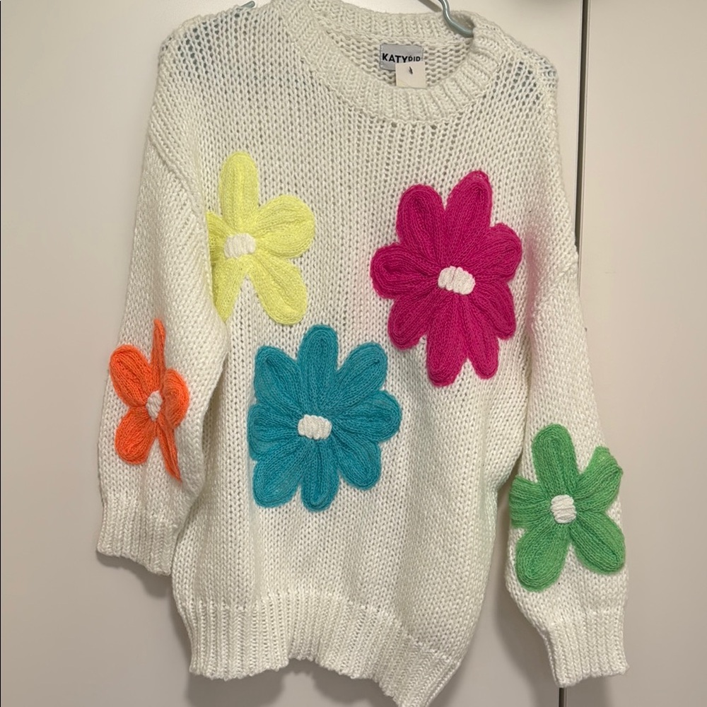 Katydid White and Pink Crew Neck Sweater with Floral Accents